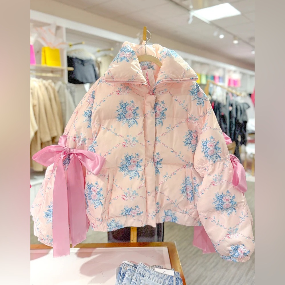 TCEC PINK FLORAL PUFFER JACKET WITH BOW